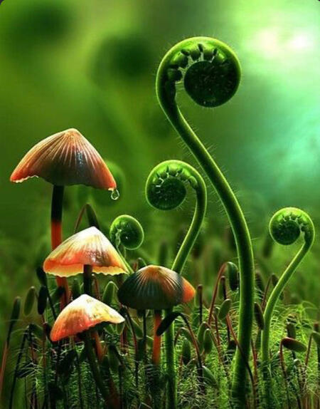 orangeish red mushrooms next to baby ferns in grass