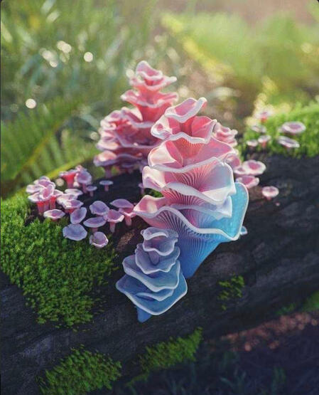 pink and blue mushrooms on a mossy log